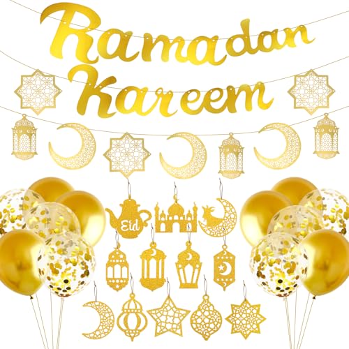 Ramadan Deko, Eid Mubarak Dekoration Set, Ramadan Kareem Banner, Goldene Luftballons, Mond Stern Laterne Girlande, Gold Glitzerndes Anhänger als Eid Festival Party Dekorationen Ramadan Deko, Eid Mubarak Dekoration Set, Ramadan Kareem Banner, Goldene Luftballons, Mond Stern Laterne Girlande, Gold Glitzerndes Anhänger als Eid Festival Party Dekorationen von Meleager