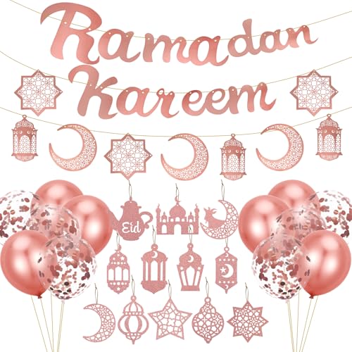 Ramadan Deko, Eid Mubarak Dekoration Set, Ramadan Kareem Banner, Rosegold Luftballons, Mond Stern Laterne Girlande, Rosegold Glitzerndes Anhänger als Eid Festival Party Dekorationen Ramadan Deko, Eid Mubarak Dekoration Set, Ramadan Kareem Banner, Rosegold Luftballons, Mond Stern Laterne Girlande, Rosegold Glitzerndes Anhänger als Eid Festival Party Dekorationen von Meleager