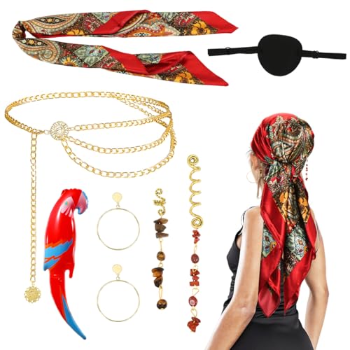 Piratenkostüm Damen, Piraten Zubehör Damen, Piraten Kopftuch, Augenklappe, Taillenkette, Haarschmuck, Ohrringe, Aufblasbare Papagei, für Hallowee, Karneval Piratenkostüm Damen, Piraten Zubehör Damen, Piraten Kopftuch, Augenklappe, Taillenkette, Haarschmuck, Ohrringe, Aufblasbare Papagei, für Hallowee, Karneval von Meleager