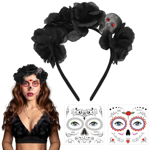 Rosen Totenkopf Haarreif, Dia de Muertos Haarreif, Halloween Kopfschmuck Damen mit Schädel und Schwarzen Blume, Temporäres Gesichtstattoo, für Tag der Toten, Halloween, Karneval Kostüm Accessoires Rosen Totenkopf Haarreif, Dia de Muertos Haarreif, Halloween Kopfschmuck Damen mit Schädel und Schwarzen Blume, Temporäres Gesichtstattoo, für Tag der Toten, Halloween, Karneval Kostüm Accessoires von Meleager