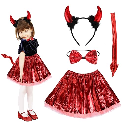Teufel Kostüm Mädchen, Halloween Kostüm Teufel Rot, 4 Stück Karneval Kostüm Kinder mit Teufelshorn-Stirnband, Fliege, Einen Teufelsschwanz Rot, Rock für Fasching von Meleager