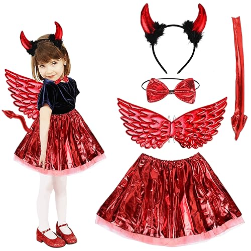 Teufel Kostüm Mädchen, Halloween Kostüm Teufel Rot, 5 Stück Karneval Kostüm Kinder mit Teufelsflügel Rot, Fliege, Teufelshorn-Stirnband, Einen Teufelsschwanz Rot, Rock für Fasching von Meleager