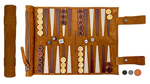 Melia Games B-Ware Backgammon zum Rollen - Reise-Backgammon aus feinstem Nubuk Echt-Leder mit handgefertigten Holzspielsteinen - OPTISCHE MÄNGEL von Melia Games