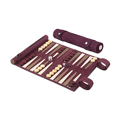 Melia Games Backgammon zum Rollen - Reise-Backgammon aus feinstem Nubuk Echt-Leder mit handgefertigten Holzspielsteinen (Bordeaux) von Melia Games