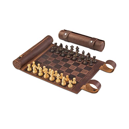 Melia Games Schach zum Rollen - Magnetisches Reise-Schach aus feinstem Echt-Leder mit handgefertigten Schachfiguren aus Holz (Classic Brown) von Melia Games