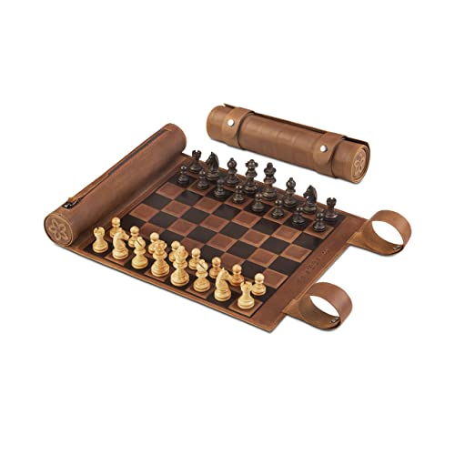Melia Games B-Ware Schach zum Rollen - Reise-Schach aus feinstem Vintage Echt-Leder mit handgefertigten Schachfiguren aus Holz - OPTISCHE MÄNGEL von Melia Games