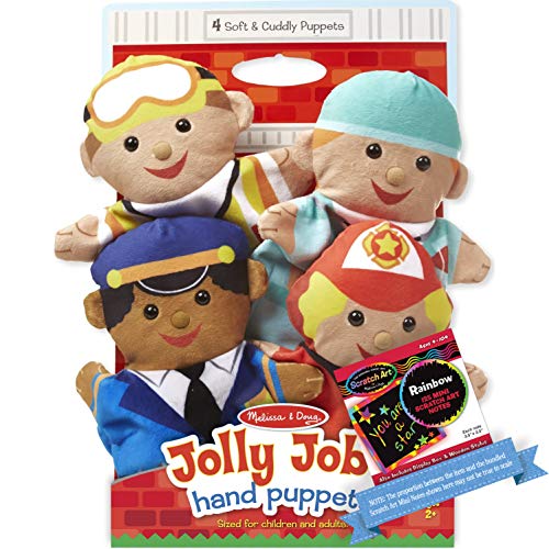 Jolly Helpers - 4-teiliges Handpuppen Geschenkset Bundle mit 1 Themenkompatiblen M&D Scratch Fun Mini-Pad (09086) von Melissa & Doug
