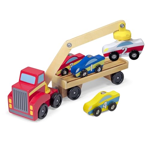 Melissa & Doug - Magnetisches Autotransporter-Spielzeugset aus Holz – (Autos & Lkws, 4 Autos und 1 Lkw mit Sattelauflieger, tolles Geschenk für Mädchen und Jungen - Kinderspielzeug, 3, 4, 5, 6 Jahre) von Melissa & Doug