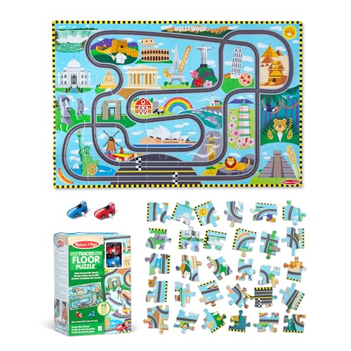 Melissa & Doug Bodenpuzzle aus Karton Schienen um die ganze Welt und aufziehbare Fahrzeuge – 48 Teile, für Jungen und Mädchen ab 3 Jahren von Melissa & Doug