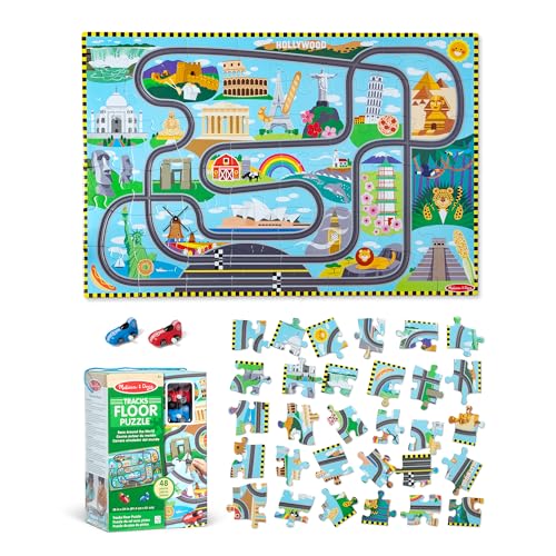 Melissa & Doug Bodenpuzzle aus Karton Schienen um die ganze Welt und aufziehbare Fahrzeuge – 48 Teile, für Jungen und Mädchen ab 3 Jahren von Melissa & Doug