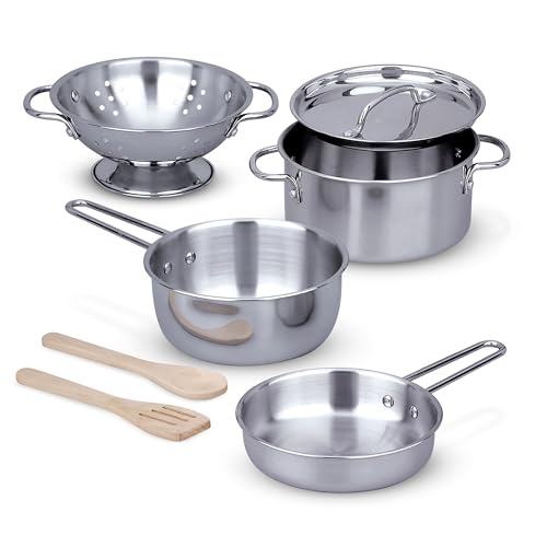 Melissa & Doug Edelstahl-Töpfe und -pfannen Pretend Play Kitchen Set für Kinder (8 Stück), Silber von Melissa & Doug