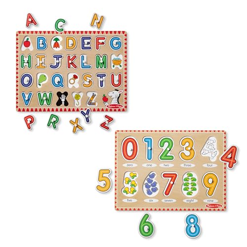 Melissa & Doug Wooden Lift & See Peg Puzzle Early Learning 2-Pack for Girls and Boys - Alphabet, Numbers von Melissa & Doug