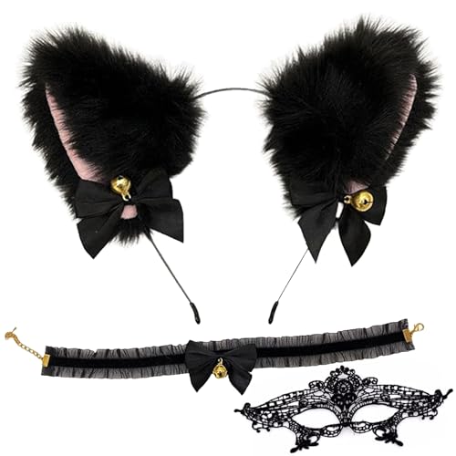 Melldrry 3 Stück Katzenohren Haarreif, Fuchsohren Stirnband Haarnadel, Anime Katze Cosplay, Niedlich Haarschmuck,Plüsch Haarreifen für Kinder Und Damen, Cat ears für Halloween Cosplay Schwarz von Melldrry