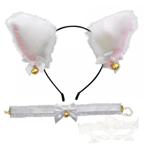 Melldrry 3 Stück Katzenohren Haarreif, Fuchsohren Stirnband Haarnadel, Anime Katze Cosplay, Niedlich Haarschmuck,Plüsch Haarreifen für Kinder Und Damen, Cat ears für Halloween Cosplay Weiß von Melldrry