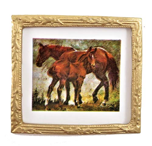 Puppenhaus Miniatur Zubehör Pferd & Fohlen Bild Gemälde in Gold Rahmen von Melody Jane Dolls house