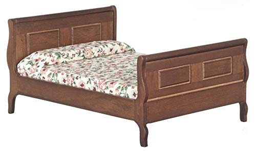 Puppenhaus Eiche Dunkel Doppelbett Schlitten Bett Miniatur 1:12 Schlafzimmer Möbel von Melody Jane