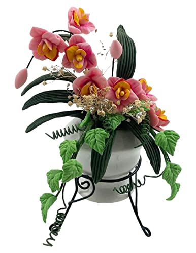 Melody Jane Puppenhaus Rosa Gelb Blumen im Topf Sockel Ständer Miniatur Garten Zubehör von Melody Jane