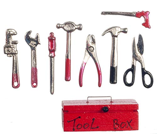 Melody Jane Puppenhaus Rot Werkzeugbox & Metall Werkzeug Miniatur Garten 1:12 Schuppen Arbeit Zubehör von Melody Jane