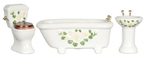 Puppenhaus Badmöbel Set Suite Weiß mit gelben Blumen Design 1:12 von Melody Jane