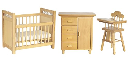 Puppenhaus-Kinderzimmermöbel-Set, helle Eiche, Hochstuhl, Kinderbett und Babyschrank Puppenhaus-Kinderzimmermöbel-Set, helle Eiche, Hochstuhl, Kinderbett und Babyschrank von Melody Jane