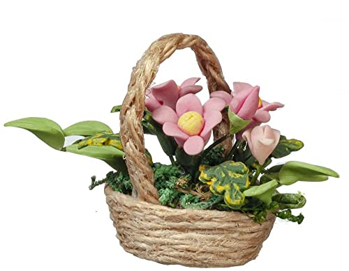 Puppenhaus-Korb mit rosa Blumen, Blumen-Display, 1:12, Heim- und Gartenzubehör von Melody Jane