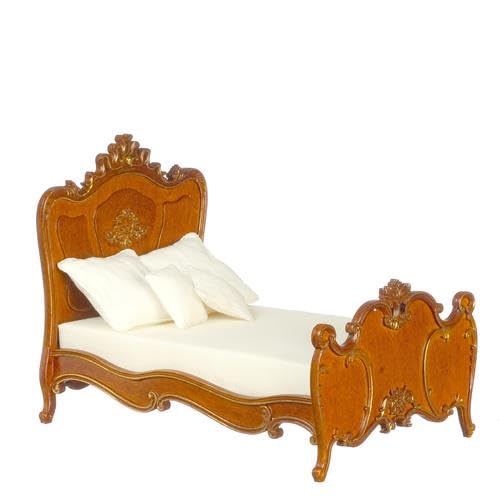 Puppenhaus viktorianisches Bett, Walnussholz mit goldfarbenem Rand, handbemalt, JBM Schlafzimmermöbel Puppenhaus viktorianisches Bett, Walnussholz mit goldfarbenem Rand, handbemalt, JBM Schlafzimmermöbel von Melody Jane