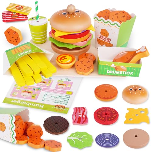 Kinderküche Zubehör Spielküche Spielzeug ab 3 Jahre, Holzspielzeug Fast Food Set Matschküche Zubehör mit Burger, Pommes, Drumsticks, Cola, Kinder Spielzeug Geschenk für Jungen Mädchen von Melofaver