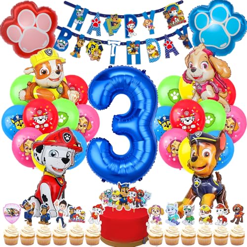 Dog Patrol Geburtstag Deko, Luftballon 3. Geburtstagsdeko, Hund Patrol Ballons, Blau Luftballon Zahl 3, Tortendeko, Happy Birthday Banner für 3 Jahre Kindergeburtstag Partydeko von Menelos