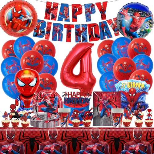 Spider Geburtstagsdeko 4 Jahre, Spider Kindergeburtstag Party Deko, Partygeschirr Set, Kindergeburtstag Dekoration Teller Becher Servietten Tischdecke von Menelos