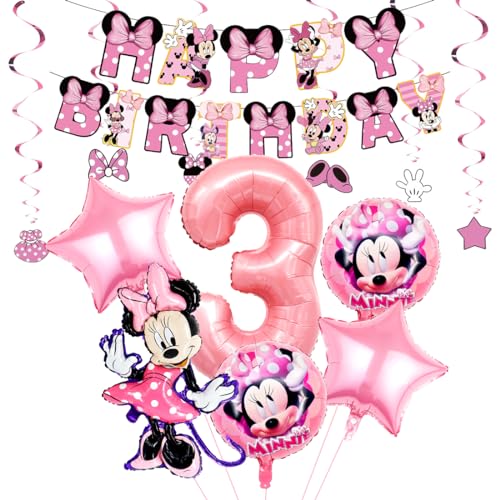 Geburtstagsdeko Mädchen 3 Jahre, Rosa Mouse Party Supplies, Luftballons und Ballon Banner für Kinder Party Dekoration von Menelos