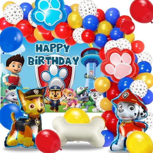 Hund Patrol Geburtstag Deko Jungen, Bunte Ballon Girlande, Geburtstagsdeko Set mit Pfote Patrol Luftballon, Ballonbogen, Cartoon Hintergrund als Kindergeburtstag Party Deko von Menelos