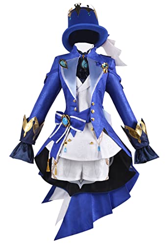 Game Genshin Impact Focalors Cosplay Kostüm Blau Kleid Uniform Vision Hut Hydro Armband Halskette, blau, 38 von MengXin