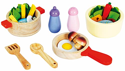 Kochgeschirr-Set für Spielküche aus Holz, Pfanne und Lebensmittel von Mentari