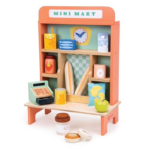 Mentari Spielzeug – Mini-Mart – 18-teiliges Lebensmittel-Set aus Holz und Ständer – zum Spielen von Lebensmitteln und Einkaufsset für Kinder – fördert soziale Fähigkeiten, fantasievolles Spielen und von Mentari