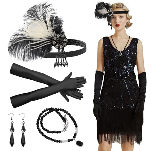 Menwings 1920er Jahre Accessoire Set mit Feder Stirnband, Ohrringen, schwarzen Handschuhen, Perlenkette, Great Gatsby Motto Damenkostüm für Halloween, Fasching, Kostümpartys Menwings 1920er Jahre Accessoire Set mit Feder Stirnband, Ohrringen, schwarzen Handschuhen, Perlenkette, Great Gatsby Motto Damenkostüm für Halloween, Fasching, Kostümpartys von Menwings