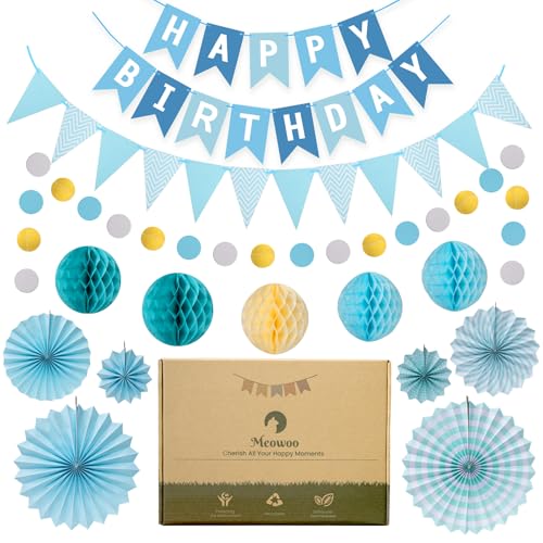 Meowoo Geburtstagsdeko - Blau Geburtstag Party Deko - Happy Birthday Girlande, Wimpelkette, Wabenblumen, Papierfächer - Wiederverwendbare Deko für alle Menschen Meowoo Geburtstagsdeko - Blau Geburtstag Party Deko - Happy Birthday Girlande, Wimpelkette, Wabenblumen, Papierfächer - Wiederverwendbare Deko für alle Menschen von Meowoo