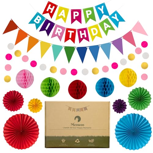 Meowoo Geburtstagsdeko, Regenbogen Geburtstag Party Deko - Happy Birthday Girlande, Wimpelkette, Wabenblumen, Papierfächer - Wiederverwendbare Deko Geburtstag für Männer und Frauen von Meowoo