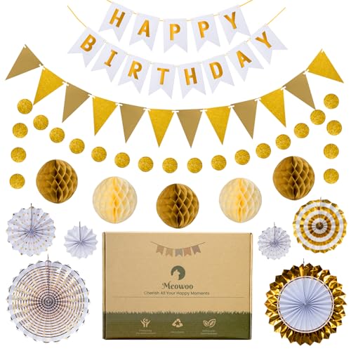 Meowoo Geburtstagsdeko, Weißgold Geburtstag Party Deko - Happy Birthday Girlande, Wimpelkette Geburtstag, Wabenblumen, Papierfächer - Wiederverwendbare Deko Geburtstag für Männer und Frauen Meowoo Geburtstagsdeko, Weißgold Geburtstag Party Deko - Happy Birthday Girlande, Wimpelkette Geburtstag, Wabenblumen, Papierfächer - Wiederverwendbare Deko Geburtstag für Männer und Frauen von Meowoo