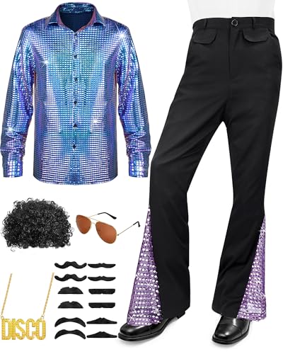 Herren-Kostüm im 70er-Jahre-Stil, Disco-Kostüm, Glockenunterteil, Hose, Hemd, Perücke, Halskette, Schnurrbart, Sonnenbrille (M, Violett) von Mepase
