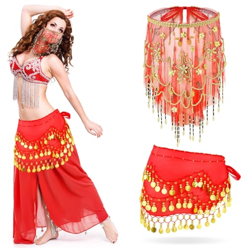 Mepase 1 Set Bauchtänzerin Outfit Bauchtanz Hüftschal Gesichtsschleier mit Perlen Pailletten für Frauen Halloween Kostüm Zubehör, Rot/Ausflug, einfarbig (Getaway Solids), Einheitsgröße von Mepase