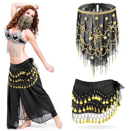 Mepase 1 Set Bauchtänzerin Outfit Bauchtanz Hüftschal Gesichtsschleier mit Perlen Pailletten für Frauen Halloween Kostüm Zubehör, Schwarz, Einheitsgröße Mepase 1 Set Bauchtänzerin Outfit Bauchtanz Hüftschal Gesichtsschleier mit Perlen Pailletten für Frauen Halloween Kostüm Zubehör, Schwarz, Einheitsgröße von Mepase