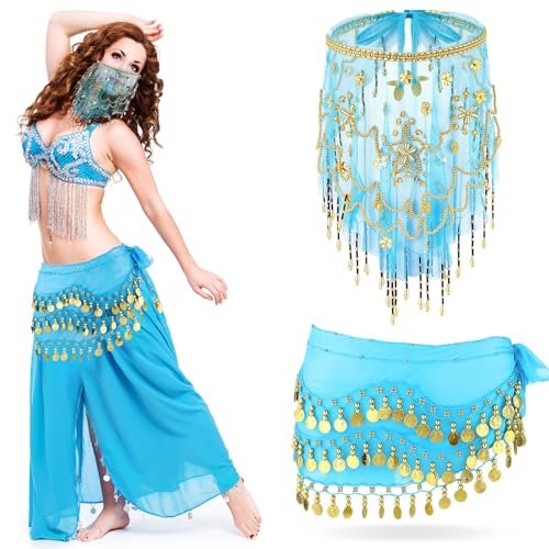 Mepase 1 Set Bauchtänzerin Outfit Bauchtanz Hüftschal Gesichtsschleier mit Perlen Pailletten für Frauen Halloween Kostüm Zubehör, Seeblau, Einheitsgröße Mepase 1 Set Bauchtänzerin Outfit Bauchtanz Hüftschal Gesichtsschleier mit Perlen Pailletten für Frauen Halloween Kostüm Zubehör, Seeblau, Einheitsgröße von Mepase