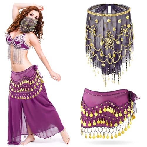 Mepase 1 Set Bauchtänzerin Outfit Bauchtanz Hüftschal Gesichtsschleier mit Perlen Pailletten für Frauen Halloween Kostüm Zubehör, Violett, Einheitsgröße Mepase 1 Set Bauchtänzerin Outfit Bauchtanz Hüftschal Gesichtsschleier mit Perlen Pailletten für Frauen Halloween Kostüm Zubehör, Violett, Einheitsgröße von Mepase