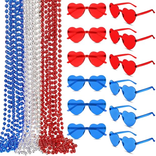 Mepase 24 Stück 4. Juli Zubehör Rot Weiß und Blau Perlen Halsketten 4. Juli Herz Sonnenbrille Patriotische Partygeschenke für Unabhängigkeitstag von Mepase