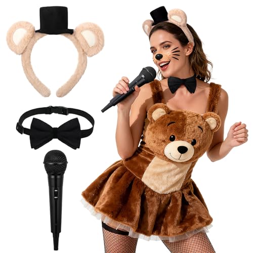 Mepase 3-teiliges Braunbär-Cosplay-Set mit schwarzer, verstellbarer Samt-Fliege, Mini-Mikrofon-Requisite und Hut, Bärenohren, Stirnband für Halloween, Kostüm, Kopfbedeckung, Fotoautomaten-Requisite von Mepase