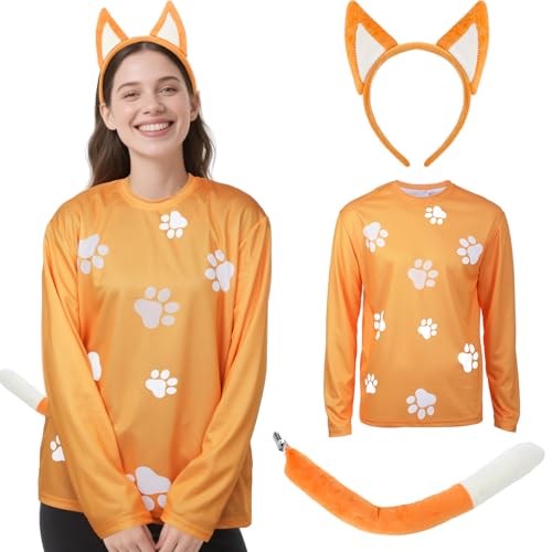 Mepase 3-teiliges Halloween-Kostüm-Set mit Hundeohren, Stirnband und Schwanz für Halloween, Party, Cosplay, Blau / Orange, Orange/Abendrot im Zickzackmuster (Sunset Chevron), Medium von Mepase