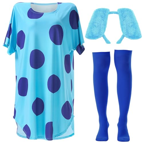 Mepase 3-teiliges Halloween-Kostüm für Damen, T-Shirt mit Oberschenkelhohen Socken und Hundeohren, Stirnband für Cosplay-Party, Blau, L von Mepase