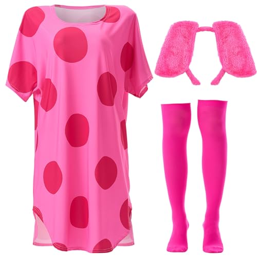 Mepase 3-teiliges Halloween-Kostüm für Damen, T-Shirt mit Oberschenkelhohen Socken und Hundeohren, Stirnband für Cosplay-Party, Pink, M von Mepase