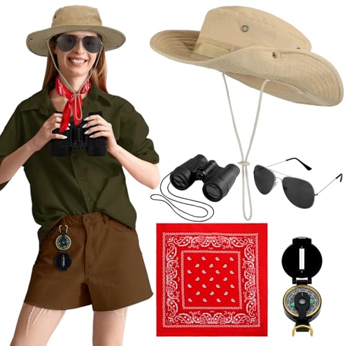 Mepase 3-teiliges Halloween-Safari-Kostüm, Zubehör, Entdecker-Kostüm für Damen, inklusive Fernglas, Sonnenbrille, Safari-Hut, Kompass, Halstuch für Halloween, Cosplay Mepase 3-teiliges Halloween-Safari-Kostüm, Zubehör, Entdecker-Kostüm für Damen, inklusive Fernglas, Sonnenbrille, Safari-Hut, Kompass, Halstuch für Halloween, Cosplay von Mepase