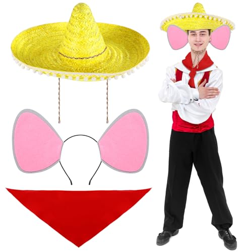 Mepase 3-teiliges Maus-Cosplay-Kostüm-Set für Halloween, enthält rotes Bandana, gelber mexikanischer Sombrero mit großen Ohren, Stirnband, niedliche Maus, Cosplay-Outfit für Halloween, Partyzubehör von Mepase